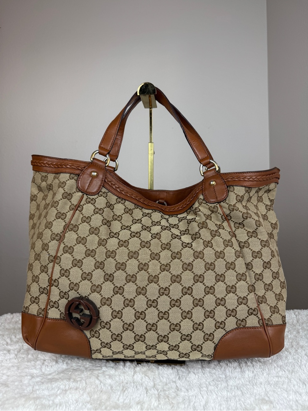 Gucci Beige GG Canvas Tote with Brown Leather Trim